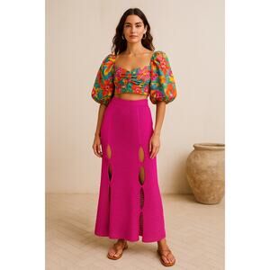 Love Sense Crochet Knit Maxi Skirt Cover Up Swim Hot Pink Medium Sexy Vacation